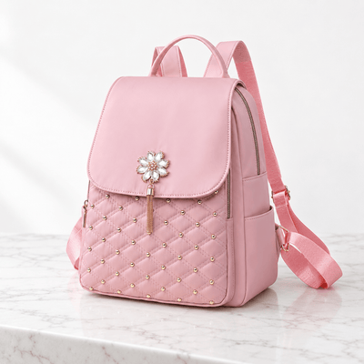 The Sunday Avenue Pink Quilted Purse Backpack with Pearl Flower Accent