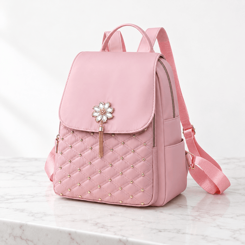 Quilted Purse Backpack with Pearl Flower Accent - Genevieve