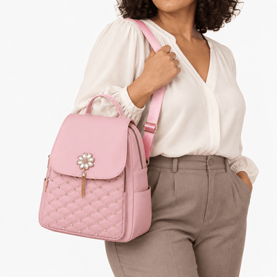 The Sunday Avenue Pink Quilted Purse Backpack with Pearl Flower Accent