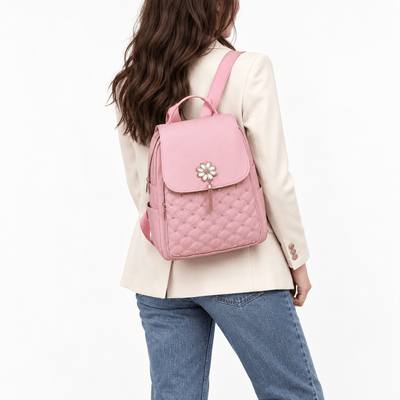 The Sunday Avenue Pink Quilted Purse Backpack with Pearl Flower Accent