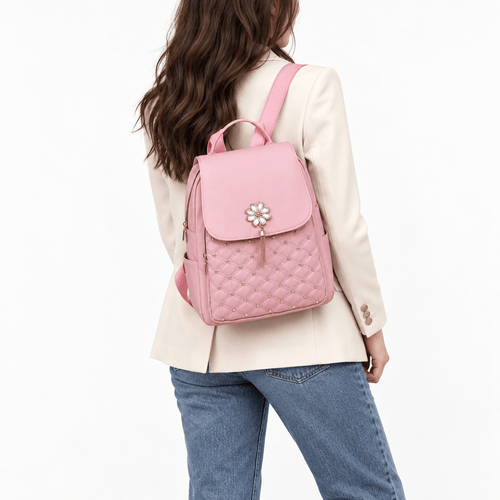 Quilted Purse Backpack with Pearl Flower Accent - Genevieve