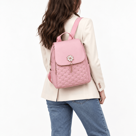 The Sunday Avenue Pink Quilted Purse Backpack with Pearl Flower Accent