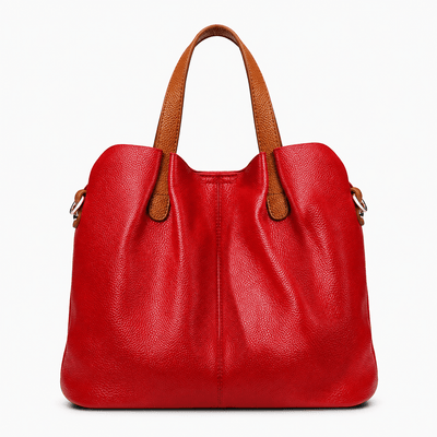 The Sunday Avenue Red Grey Genuine Cowhide Leather Litchi Grain Top Handle Shoulder Handbag