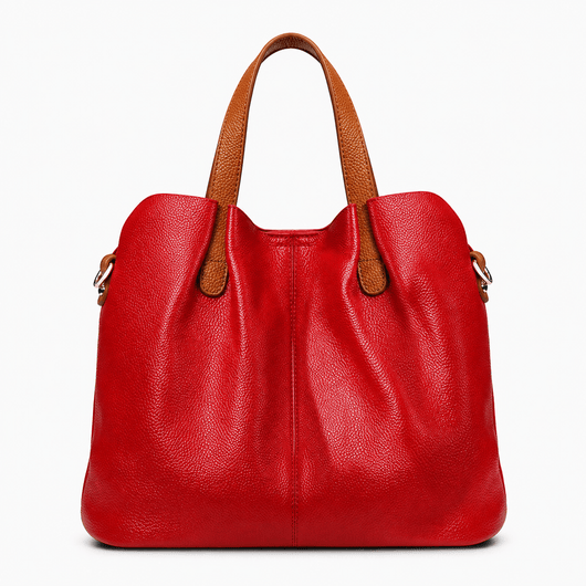 The Sunday Avenue Red Grey Genuine Cowhide Leather Litchi Grain Top Handle Shoulder Handbag