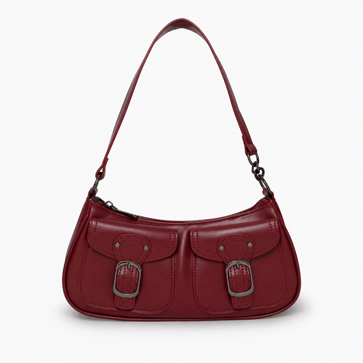 The Sunday Avenue Red Women’s Dark Red Baguette Shoulder Bag with Front Buckle Pockets