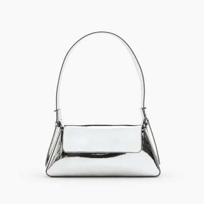 The Sunday Avenue Silver Women's Black Compact Shoulder Bag with Flap Closure
