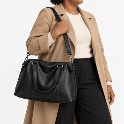 The Sunday Avenue Solena Large Black Leather Tote Bag with Removable Shoulder Strap