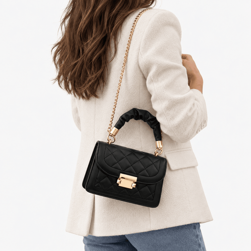 Sophie Black Quilted Flap Shoulder Bag with Gold Chain Strap