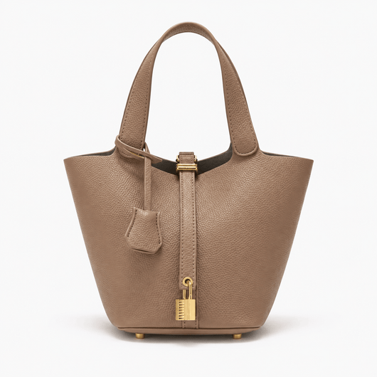 The Sunday Avenue Taupe Black Grained Leather Bucket Bag with Gold-Tone Padlock