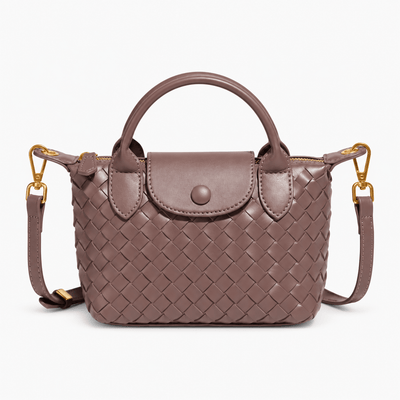 The Sunday Avenue Taupe Dark Brown Woven Mini Crossbody Bag with Top Handles