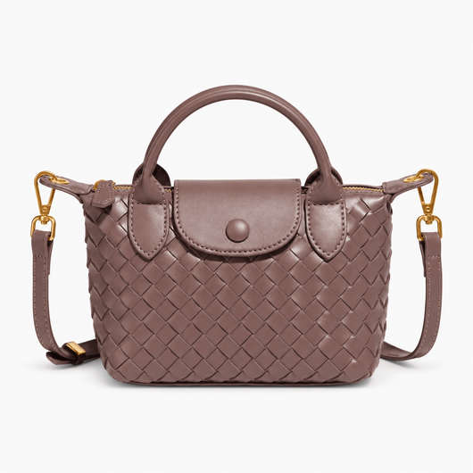 The Sunday Avenue Taupe Dark Brown Woven Mini Crossbody Bag with Top Handles
