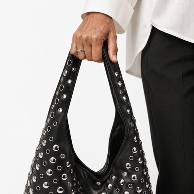 The Sunday Avenue Vivian Black PU Leather Rivet Hobo Shoulder Bag