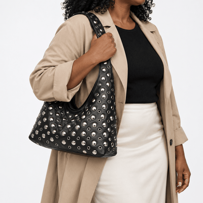 The Sunday Avenue Vivian Black PU Leather Rivet Hobo Shoulder Bag