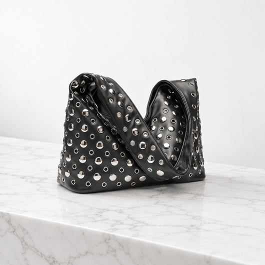 The Sunday Avenue Vivian Black PU Leather Rivet Hobo Shoulder Bag