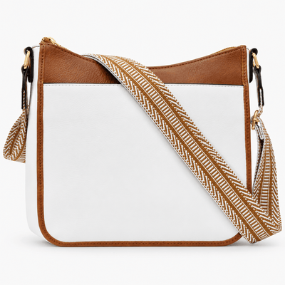 The Sunday Avenue White/Brown Bailey Brown Faux Leather Crossbody Bag with Patterned Strap