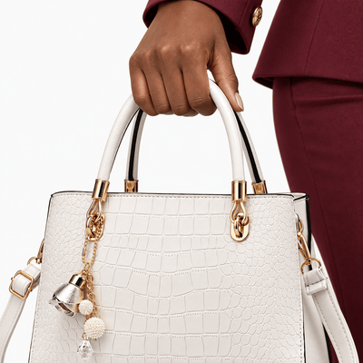 The Sunday Avenue White Croco Print Handbag with Detachable Shoulder Strap
