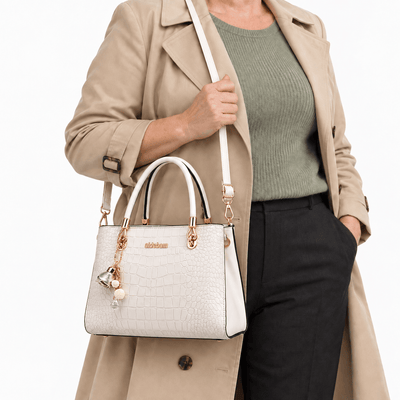 The Sunday Avenue White Croco Print Handbag with Detachable Shoulder Strap