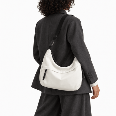 The Sunday Avenue White Nylon Hobo Shoulder Bag with Zip Closure