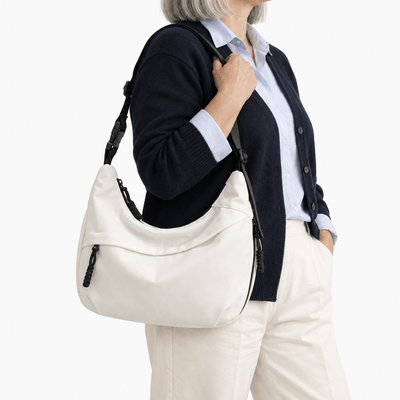 The Sunday Avenue White Nylon Hobo Shoulder Bag with Zip Closure