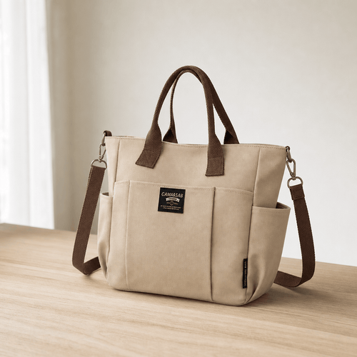 Women's Beige and Brown Canvas Multi-Pocket Tote Bag with Shoulder Strap