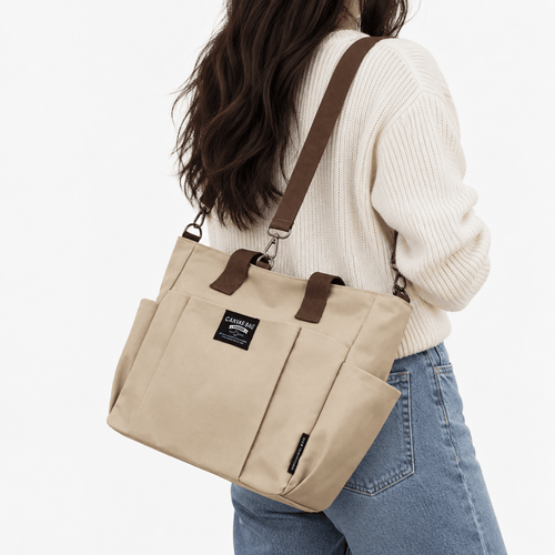 Women's Beige and Brown Canvas Multi-Pocket Tote Bag with Shoulder Strap