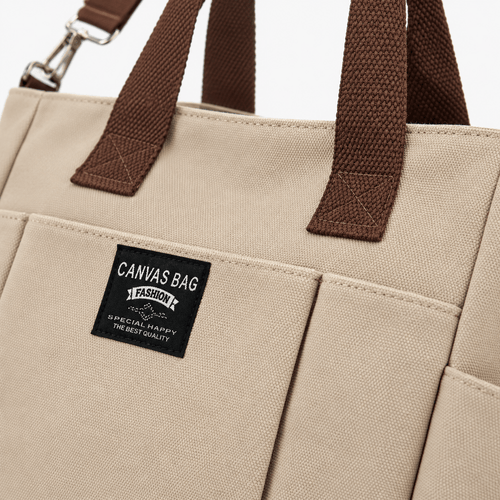 Women's Beige and Brown Canvas Multi-Pocket Tote Bag with Shoulder Strap