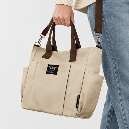 Women's Beige and Brown Canvas Multi-Pocket Tote Bag with Shoulder Strap