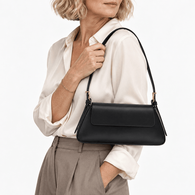 The Sunday Avenue Women's Black Compact Shoulder Bag with Flap Closure