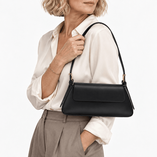 The Sunday Avenue Women's Black Compact Shoulder Bag with Flap Closure
