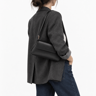 The Sunday Avenue Women's Black Compact Shoulder Bag with Flap Closure