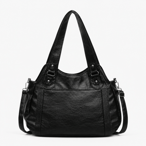 Women's Black Faux Leather Vintage School Handbag with Shoulder Strap
