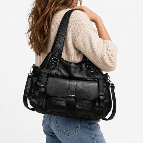 Women's Black Faux Leather Vintage School Handbag with Shoulder Strap