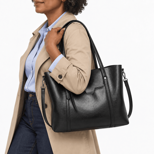 The Sunday Avenue Women's Black PU Leather Tote Bag with Detachable Shoulder Strap
