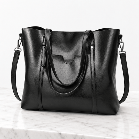 The Sunday Avenue Women's Black PU Leather Tote Bag with Detachable Shoulder Strap