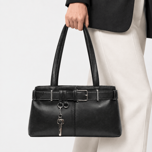 Women's Black Vegan Leather Belted Shoulder Bag