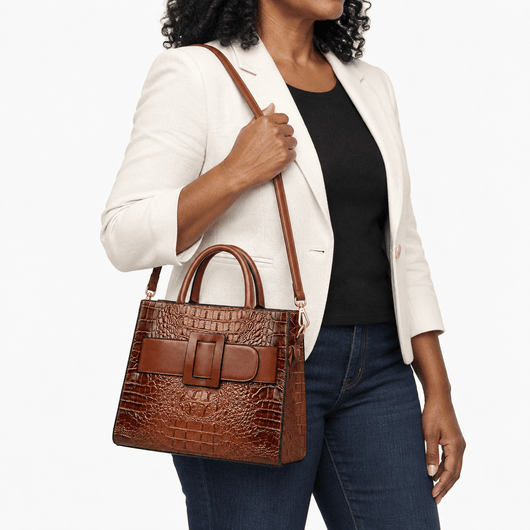 The Sunday Avenue Women's Brown Faux Leather Croco Handbag with Front Buckle