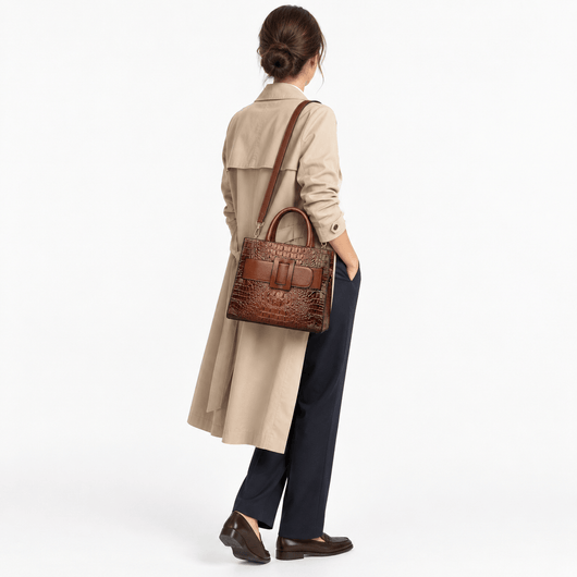 The Sunday Avenue Women's Brown Faux Leather Croco Handbag with Front Buckle