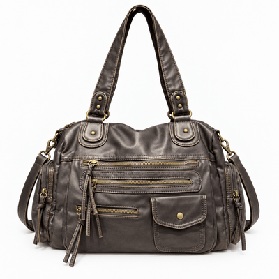 The Sunday Avenue Women's Dark Grey Retro Vegan Leather Multi-Pocket Shoulder Bag
