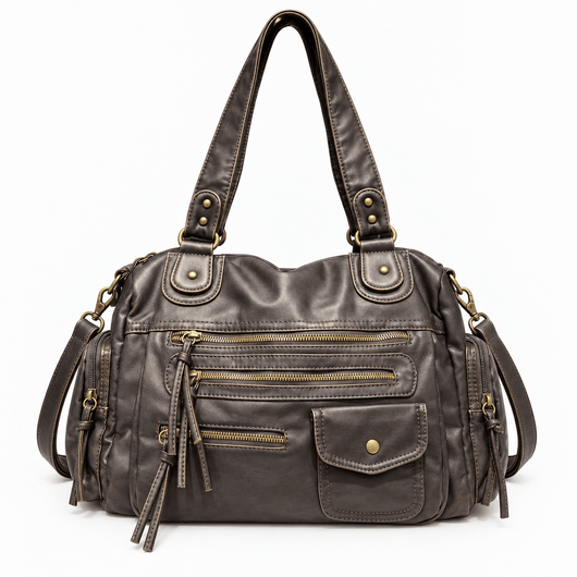 The Sunday Avenue Women's Dark Grey Retro Vegan Leather Multi-Pocket Shoulder Bag