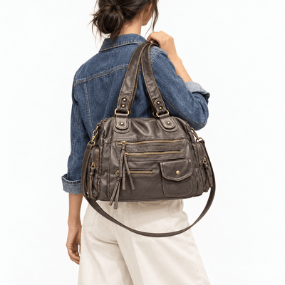 The Sunday Avenue Women's Dark Grey Retro Vegan Leather Multi-Pocket Shoulder Bag