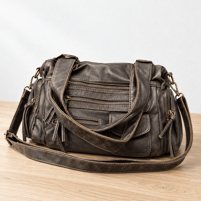 The Sunday Avenue Women's Dark Grey Retro Vegan Leather Multi-Pocket Shoulder Bag