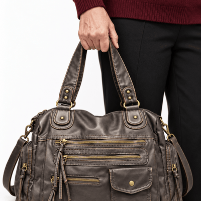 The Sunday Avenue Women's Dark Grey Retro Vegan Leather Multi-Pocket Shoulder Bag