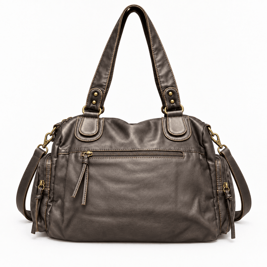 The Sunday Avenue Women's Dark Grey Retro Vegan Leather Multi-Pocket Shoulder Bag