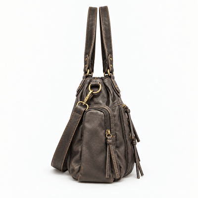 The Sunday Avenue Women's Dark Grey Retro Vegan Leather Multi-Pocket Shoulder Bag