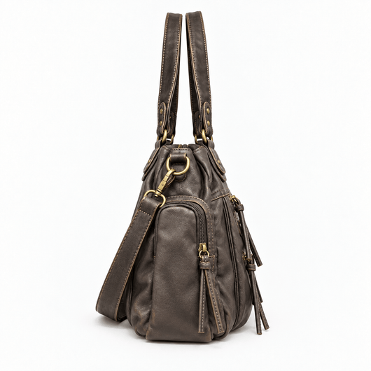 The Sunday Avenue Women's Dark Grey Retro Vegan Leather Multi-Pocket Shoulder Bag