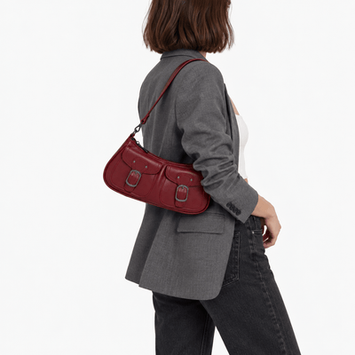 The Sunday Avenue Women’s Dark Red Baguette Shoulder Bag with Front Buckle Pockets