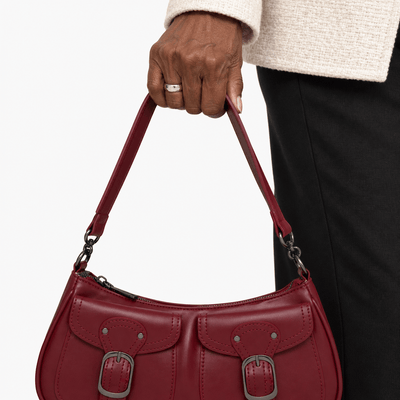 The Sunday Avenue Women’s Dark Red Baguette Shoulder Bag with Front Buckle Pockets