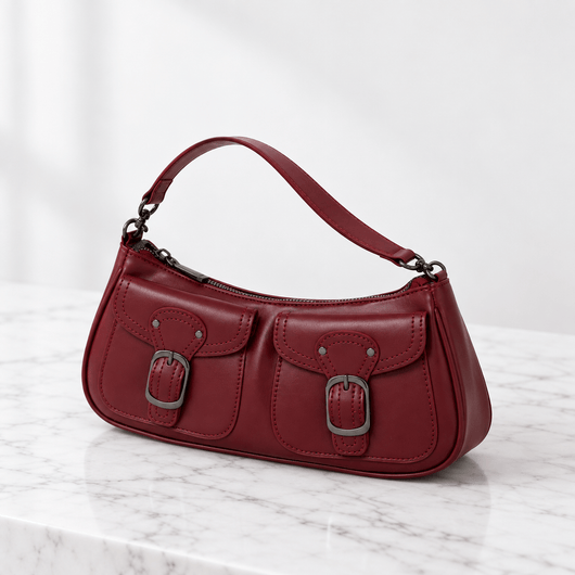 The Sunday Avenue Women’s Dark Red Baguette Shoulder Bag with Front Buckle Pockets