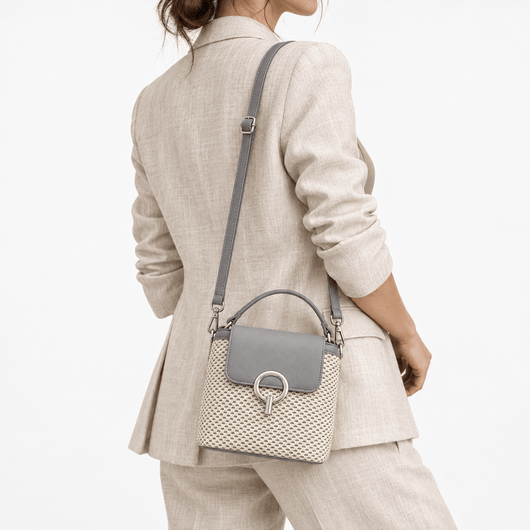 The Sunday Avenue Women's Grey & Beige Woven Bucket Crossbody Beach Bag