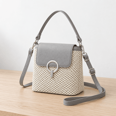 The Sunday Avenue Women's Grey & Beige Woven Bucket Crossbody Beach Bag
